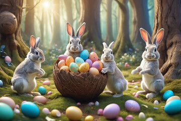 Bunny family with easter eggs