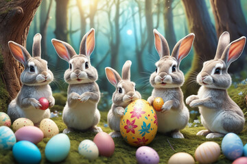 Fototapeta na wymiar Bunny family with easter eggs