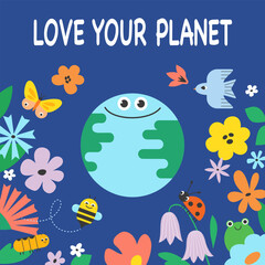 Cute cartoon vector template for Earth Day, Word Environment Day. Kids environment concept for poster, web banner, print.