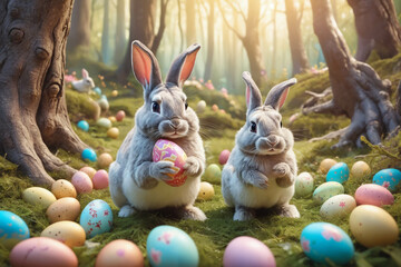 Bunny family with easter eggs
