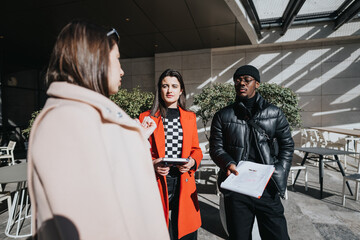 Three young professionals engage in a thoughtful conversation outside a modern building, with documents in hand on a bright sunny day.