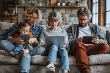 A family is sharing a leisure moment on the couch, each using a communication device like laptops and tablets. One toddler is sitting on a parents lap, smiling and having fun - obrazy, fototapety, plakaty