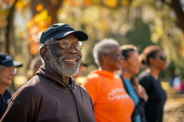 Outdoor fitness class for seniors. senior black man with a cheerful face, wearing spectacles.  diverse group, walking, lunges, exercises, blurred background. active seniors and healthy aging concept.