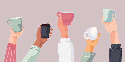 Flat cartoon set of Hands Holding Cups of coffee or tea. Holiday vector illustration for postcard, greeting card, party invitation. Funny Lovely Mug. Female and male hands.