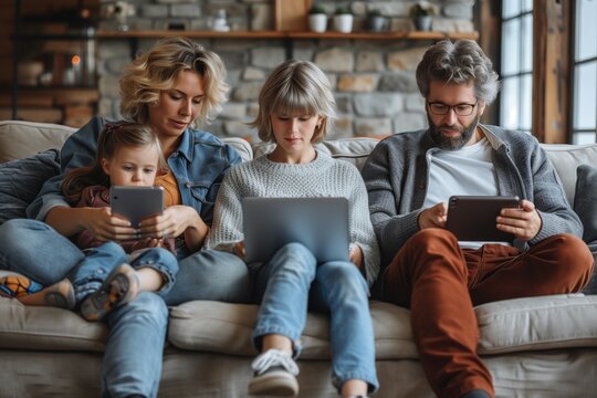 A Family Is Sharing A Leisure Moment On The Couch, Each Using A Communication Device Like Laptops And Tablets. One Toddler Is Sitting On A Parents Lap, Smiling And Having Fun