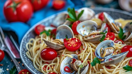  a plate of pasta with clams, tomatoes, and parsley on a blue table cloth with a fork.