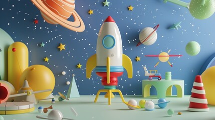 3d model rocket in space cute style