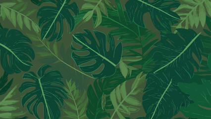 Vintage Green Monstera leaves on a seamless background, flat vector design.