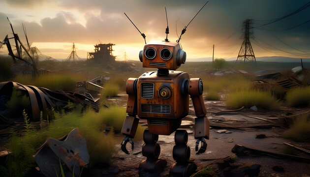 A digital artwork of a rusty robot standing in a post-apocalyptic wasteland