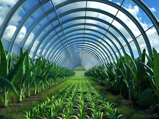 A greenhouse filled with plants and a large archway. The archway is made of glass and is very clear