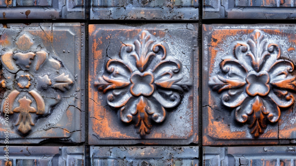 Poster a close up of a metal object that looks like a flower on the side of a building with rusted paint on