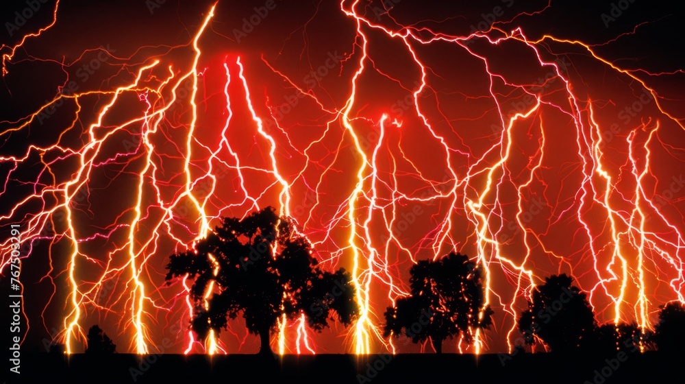 Poster a group of trees that are in the dark with some lightning in the sky in the middle of the picture.