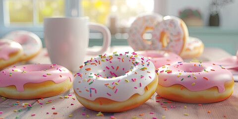 Obraz na płótnie Canvas donuts with pink and white glaze, sprinkles on top, in front of a coffee mug, generative AI