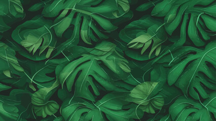 Vintage Green Monstera leaves on a seamless background, flat vector design. - obrazy, fototapety, plakaty