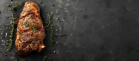 Whole leg of lamb mutton roasted in the oven with thyme on a black surface, seen from above with space for text. - obrazy, fototapety, plakaty
