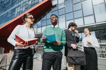 A group of diverse businesspeople engage in a meeting outside modern office buildings on a bright sunny day, reviewing documents and exchanging ideas.
