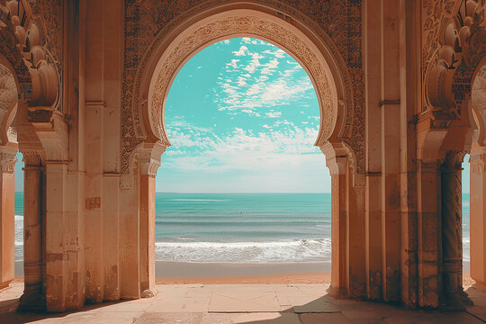 Generative AI Image of Islamic Ornament Frame of Entrance Gate with Beach View in Bright Day