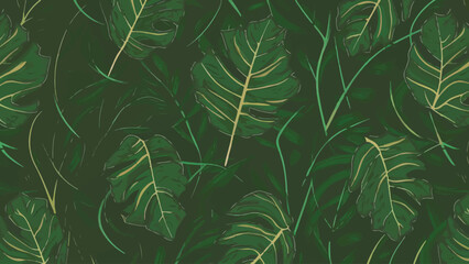 Vintage Green Monstera leaves on a seamless background, flat vector design.