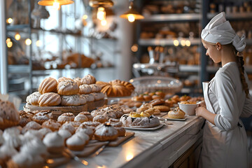 young woman baker is engaged in baking buns and bagels. sale of dessert pastries in a supermarket store