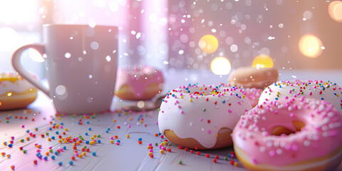 donuts with pink and white glaze, sprinkles on top, in front of a coffee mug, generative AI