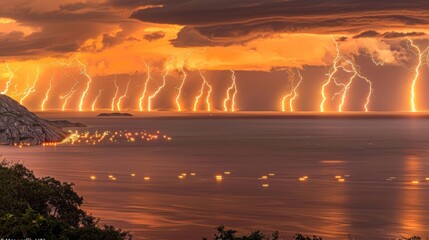  a group of lightning strikes over a body of water with a rocky outcropping in the foreground. - obrazy, fototapety, plakaty