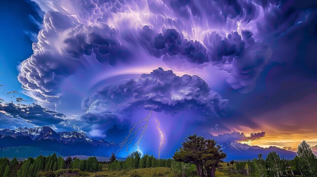  a picture of a storm in the sky with a tree in the foreground and a mountain in the background.