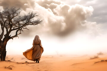 lonely woman in a red dress in the desert near a tree. life road concept. human and nature