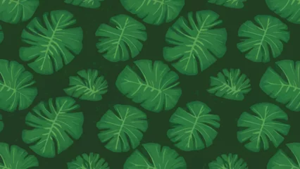 Gordijnen Vintage Green Monstera leaves on a seamless background, flat vector design. © Hogr
