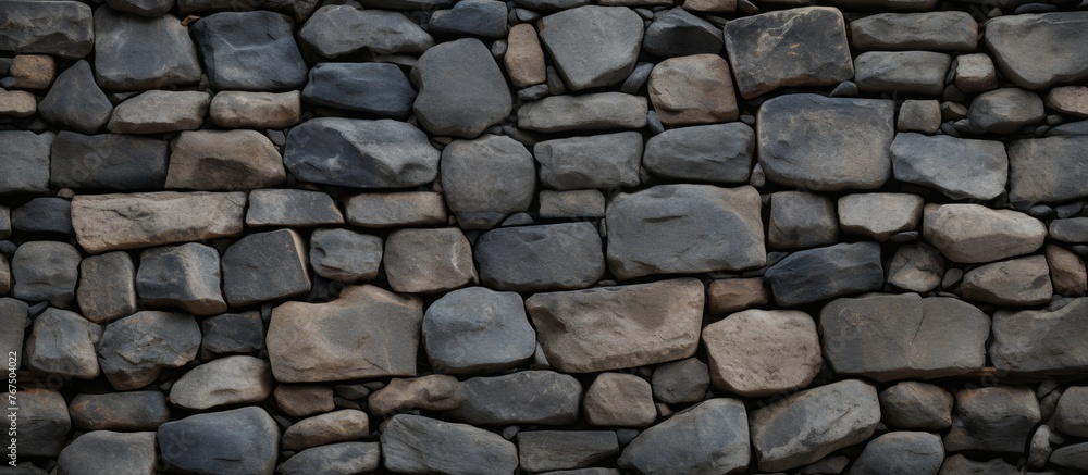 Poster a detailed view of a stone wall constructed with large rocks, showcasing the sturdy building materia