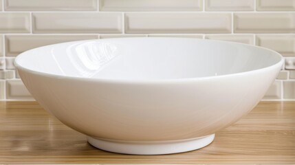 Naklejka na ściany i meble a white bowl sitting on top of a wooden table next to a white tile backsplash of a wall.