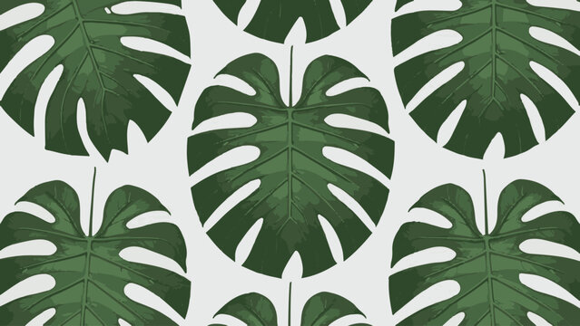 Vintage Green Monstera leaves on a seamless background, flat vector design.