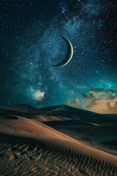 Generative AI Image of Arabian Desert View with Crescent Moon and Galaxy in Calm Night