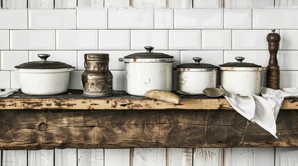  a shelf filled with pots and pans on top of a wooden table next to a white tile backsplash. - obrazy, fototapety, plakaty