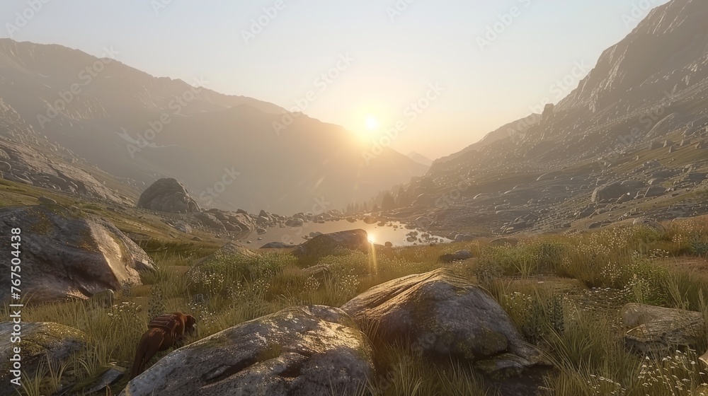 Poster the sun is setting over a mountain range with a body of water in the foreground and a large rock out