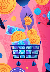 Naklejka premium dollar coins in trolley cart financial banking wealth transformation technology fintech business investment shopping money global payment
