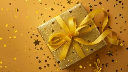 A yellow gift box with gold stars
