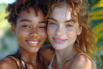 Close up fashion portrait two different races women hugging, black African American and white redhead with freckles touching their heads faces to each other on summer beach water background