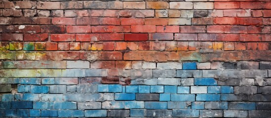 A detailed shot of a vibrant brick wall covered in graffiti art, showcasing an electric blue color and intricate patterns on each rectangular brick