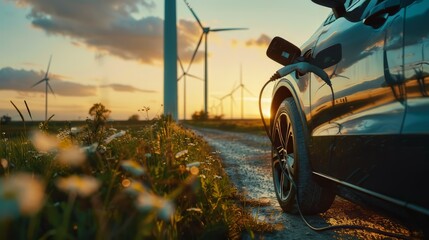 close-up of an electric car refueling on the background of power stations - obrazy, fototapety, plakaty