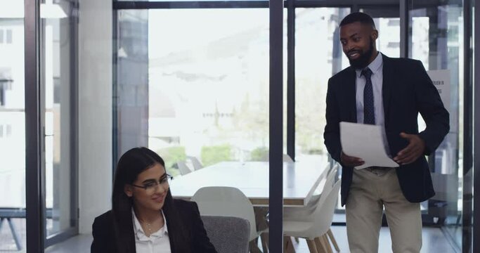 Interview, business meeting and welcome of a professional walking into office door. Recruitment, HR conversation and company employee with lawyer opportunity, outsourcing and greeting for hiring