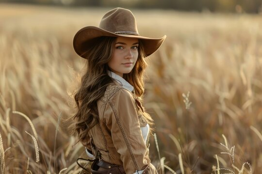 Elegant woman in cowboy fashion amongst golden grass - Fashionable young woman in a cowboy hat with a thoughtful expression surrounded by golden grass