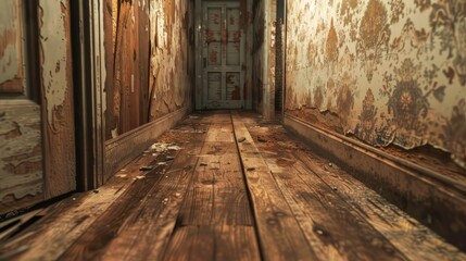 narrow wooden hallway with cracked broken dirty wooden floor and dirty peeling wallpaper