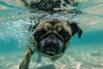 Pug dog swimming underwater with bubbles - A pug dog beautifully swimming underwater, with bubbles surrounding its expressive face - obrazy, fototapety, plakaty