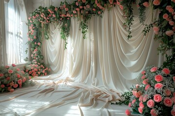 The room is adorned with beautiful pink roses and delicate white curtains, creating a serene and...