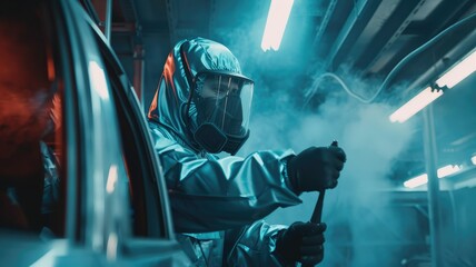 Skilled painter using spray gun on a car - Expert auto painter in a protective suit and mask applies a smooth, even coat of paint to a car in well-equipped vehicle workshop - obrazy, fototapety, plakaty