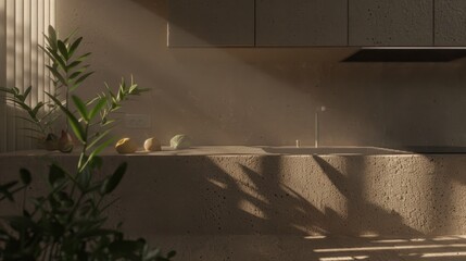  a kitchen with a sink and a potted plant in the corner of the room with the sun shining through the window.