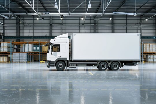 white truck in warehouse with many boxes, Shipping Warehouse and Truck Transportation