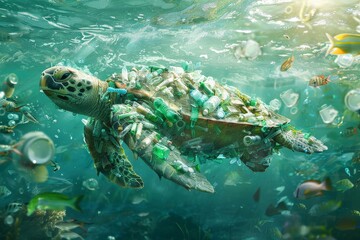 Fototapeta premium Plastic Pollution In Ocean, a turtle made of plastic bottles, cups and trash swimming in the sea
