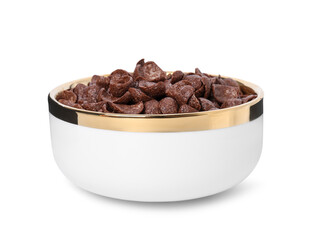 Breakfast cereal. Chocolate corn flakes in bowl isolated on white