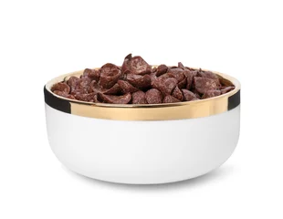  Breakfast cereal. Chocolate corn flakes in bowl isolated on white © New Africa